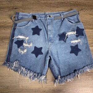 Rustler 42 Distressed Denim Shorts Mens Blue Excellent Star Print Custom Frayed